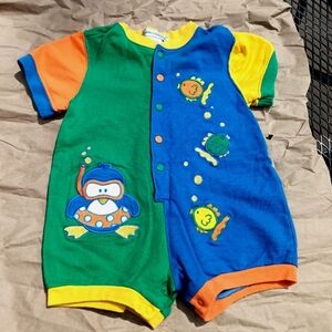 VTG Puddles N Bubbles Baby Romper Size 12 Months One Piece 100% Cotton 90s Fish